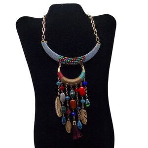 Unique colorful boho collar necklace with feathers and dramatic beading